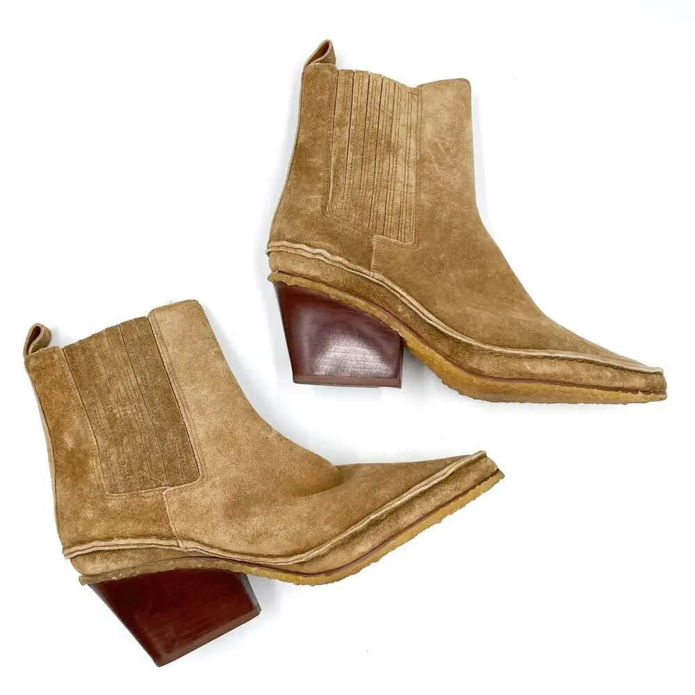Tory Burch Lila Boots Brown Suede Pointed Block Heel Ankle Western Booties Sz‎ 6
